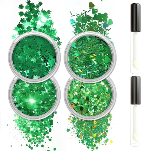 Allstarry Purpurina corporal verde, 4 colores cosméticos verdes para la cara, sombra de ojos de trébol, maquillaje para el cabello y los ojos,