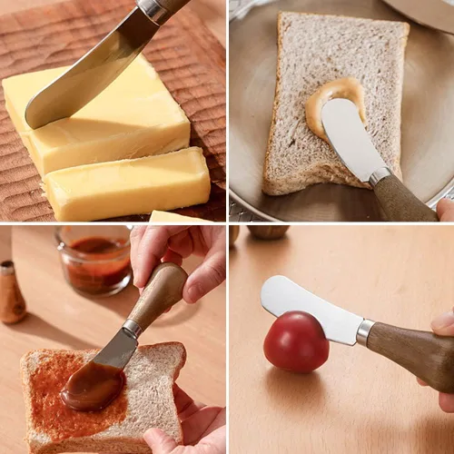 Miniatura 6 de Paquete de 2 cuchillos esparcidores de mantequilla de pie, cuchillos esparcidores de queso de acero inoxidable con mango de madera, cuchillos