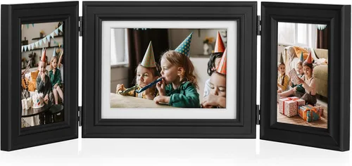 Miniatura 19 de Marco de fotos doble horizontal con bisagras plegable de 4 x 6 pulgadas en madera de pino negro con vidrio real para mesa X3-HEI-2H46