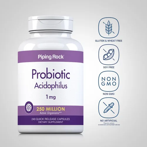 Miniatura 3 de Piping Rock Cápsulas probióticas de Acidophilus 240 unidades 1 mg 250 millones de UFC para hombres y mujeres Suplemento sin OMG, sin gluten