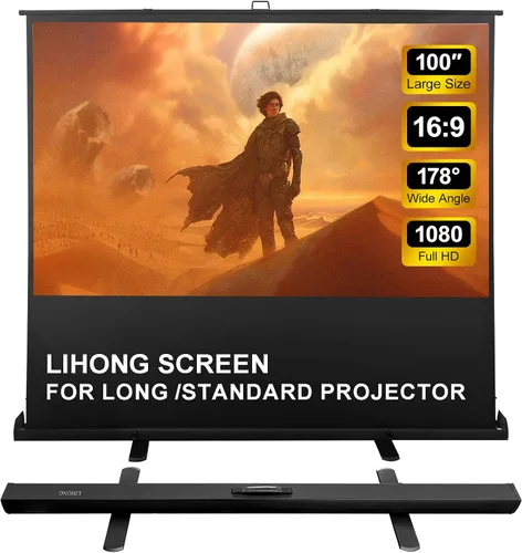 LIHONG Pantalla de 100 pulgadas 16:9 portátil manual para levantar el piso, pantalla de proyector para interiores y exteriores, HD blanco mate para