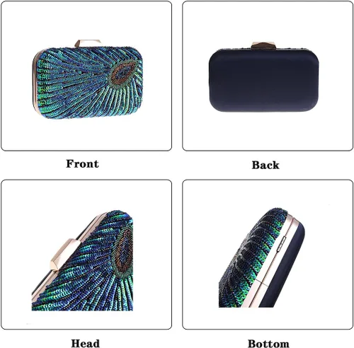 Miniatura 4 de LIFEWISH Bolso de noche único con lentejuelas de lujo para mujer, para boda, novia, fiesta, graduación, bolso de mano (azul pavo real)