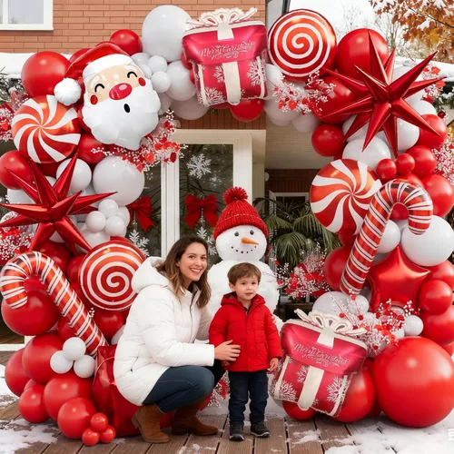 Miniatura 5 de Kit de guirnalda de globos de Navidad en forma de arco con globos rojos y blancos, caramelo, bastón, estrella, estrella de explosión, caja
