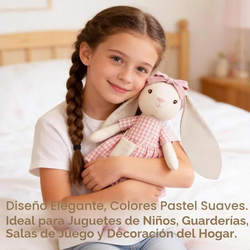 Miniatura 5 de Peluche de conejo de 15 pulgadas para niñas, muñeca de juguete de peluche con vestido rosa a cuadros, bonito juego de muñeca para vestir para niñas