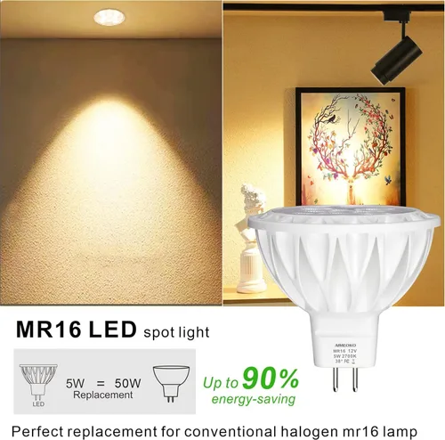 Miniatura 3 de Bombillas LED MR16, paquete de 6, 5 W (equivalente a 50 W de halógeno) 2700 K, blanco cálido, base GU5.3, 12 V, reflector no regulable, 38°, 450 lm