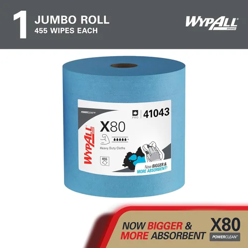Miniatura 2 de WypAll PowerClean X80 Paños de Limpieza de Uso Pesado (41043), Jumbo, Toallas de Uso Extendido, Azul (1 Rollo de 455 Hojas, Total de 455 Hojas)