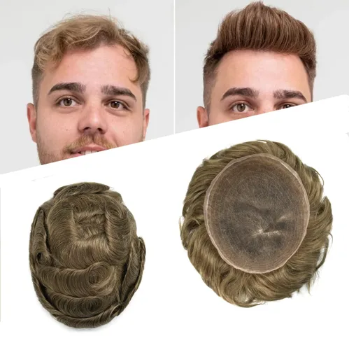 Miniatura 27 de Extensiones de cabello suizo completo para hombre, sistema de reemplazo de cabello humano europeo para hombres