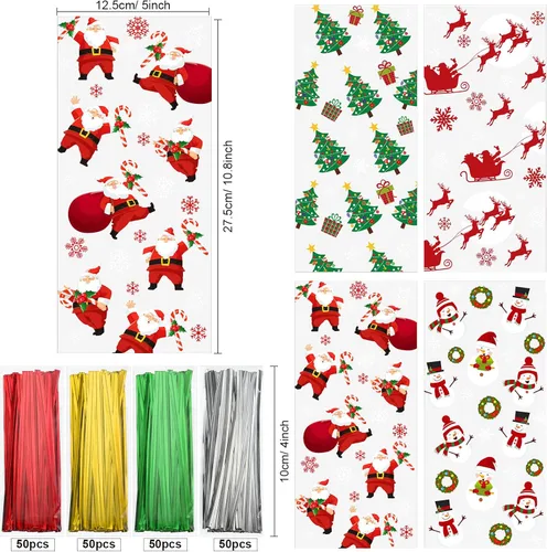 Miniatura 2 de Outus 200 bolsas de celofán de Navidad, bolsas de plástico para Navidad con lazos giratorios para dulces, galletas, regalos, envoltorios de regalo