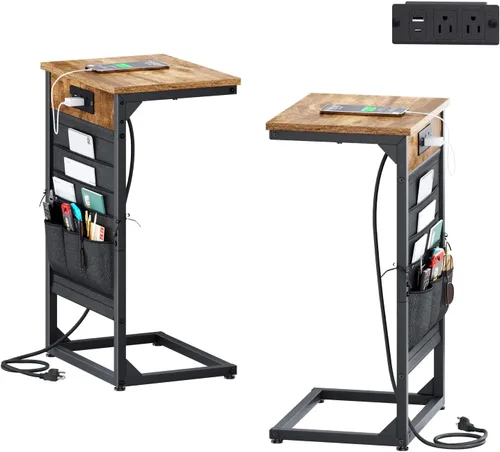 Miniatura 9 de Mesa auxiliar en forma de C con estación de carga rápida, mesa lateral pequeña para sofá con bolsa de almacenamiento, bandeja de TV para sofá