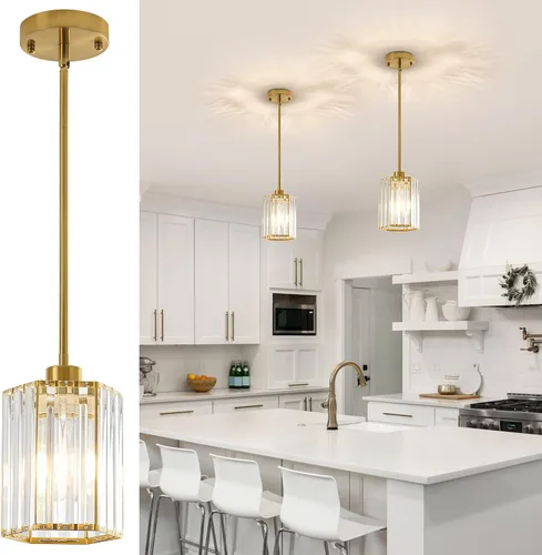 Miniatura 15 de Lámparas colgantes de cristal, paquete de 3 unidades de lámparas colgantes en oro cepillado para isla de cocina, modernas mini lámparas colgantes