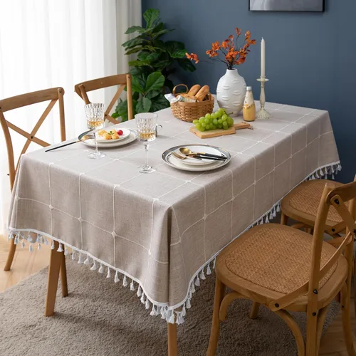 Miniatura 4 de Oubonun Mantel rectangular de lino de algodón, resistente a arrugas, impermeable, lavable, estilo casa de campo, con borlas, para cocina, comedor