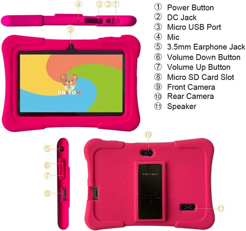 Miniatura 7 de PRITOM tableta para niños de 7 pulgadas Quad Core Android 13, 32 GB ROM WiFi, Bluetooth, cámara dual Educativo, juegos, control parental, Rosa