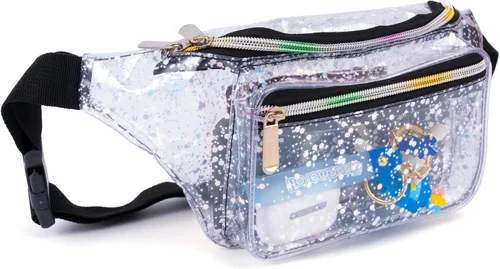 Cangurera holográfica con diseño de cielo estrellado y lunares morados para mujer, ideal para juegos, conciertos, rave, festivales, viajes, Dreamy