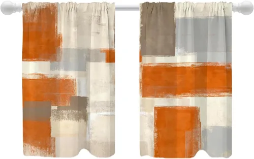 Miniatura 59 de Shrahala Beige and Orange Abstract Art Brushstrokes Blackout Curtain Tiers, Abstract Oil Paint Kitchen Valance Light Blocking Tier Drapes with Rod