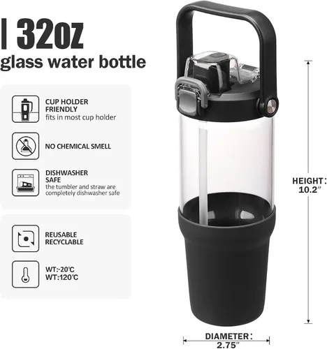 Miniatura 2 de Vaso de vidrio con asa de transporte, botella de agua de vidrio transparente con tapa a prueba de fugas, tapa de boquilla y popote, sin BPA, 32