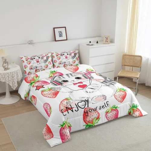 Miniatura 3 de Erosebridal Lindo juego de edredón de gato, tamaño individual, kawaii, fresa, juego de ropa de cama para niñas, diseño de arco iris, edredón rosa