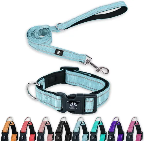 Miniatura 11 de FURRYFECTION Juego de collar y correa reflectante para perro con hebilla de liberación rápida, acolchado con collar de nailon ajustable de neopreno