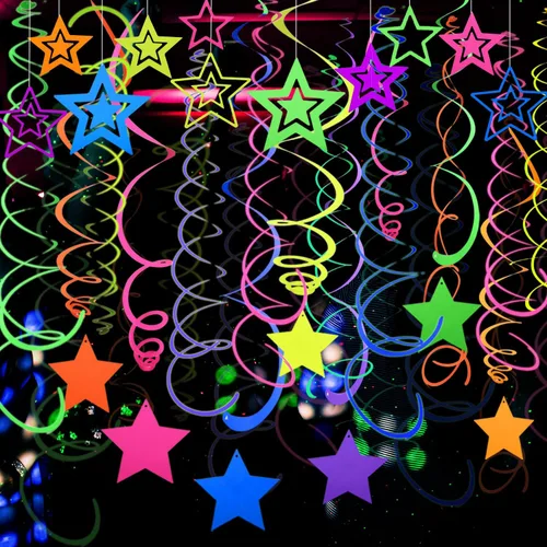 Miniatura 9 de 54 piezas de guirnaldas de papel en espiral colgantes UV con estrellas de neón, serpentinas brillantes, suministros y decoraciones de fiesta UV