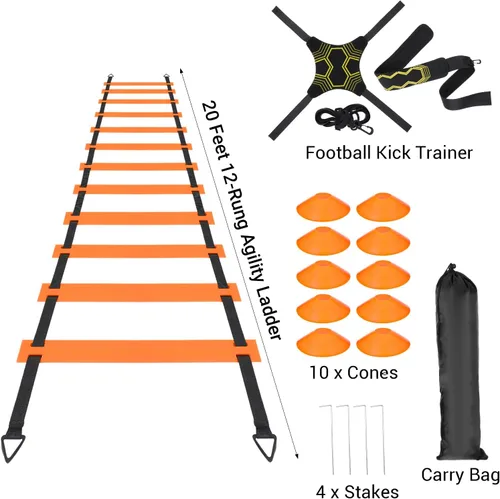 Miniatura 2 de Juego de entrenamiento de agilidad de velocidad de fútbol, escalera de agilidad de 20 pies, 10 conos deportivos, 4 estacas y entrenador de patadas