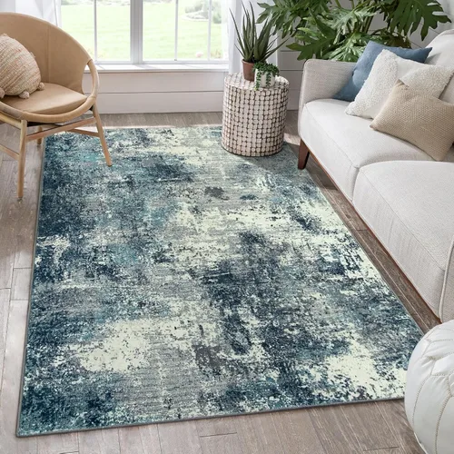 Miniatura 18 de Lahome - Alfombra abstracta de 3 x 5 pies, alfombra lavable azul gris para entrada sin deslizamiento, alfombra moderna de pelo bajo y suave