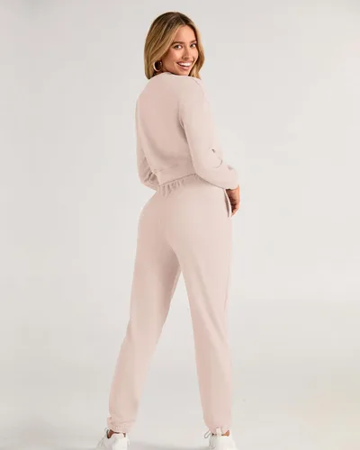 Miniatura 60 de BTFBM Conjunto deportivo de 2 piezas para mujer, camiseta corta de manga larga, sin botones, pantalón con cordón ajustable, pantalones deportivos