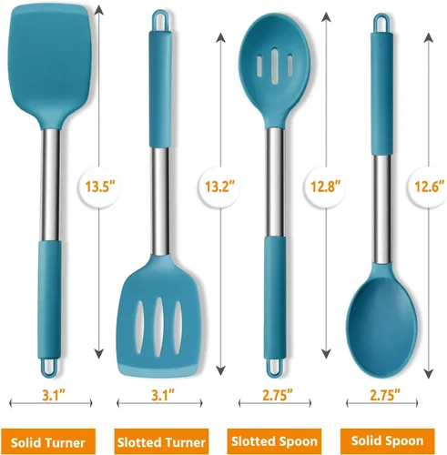Miniatura 2 de Juego de utensilios de cocina de 4 piezas, E-far utensilios de cocina de silicona para utensilios de cocina antiadherentes, espátula ranurada Azul