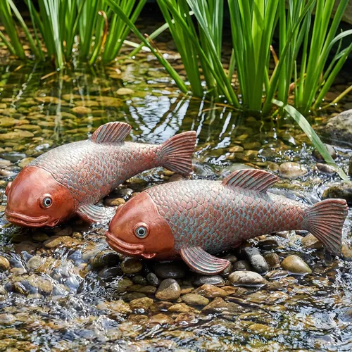 Juego de 2 estatuas antiguas de Koi, escultura de jardín de peces reales de resina, elegante decoración de estanque de peces vivos para patio, Rojo