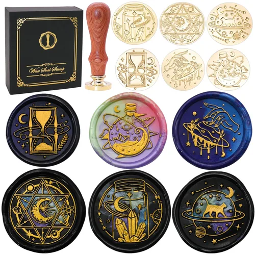 Miniatura 8 de SWANGSA Galaxy Universe - Juego de sellos de cera para sellos, 6 cabezales de sello de cera de sellado vintage y 1 mango de madera para Navidad