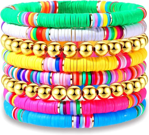 Miniatura 43 de Surfer Heishi - Pulseras apilables para mujer, apilables, de vinilo arcoíris, disco de arcilla, pulseras elásticas para la amistad, joyería bohemia