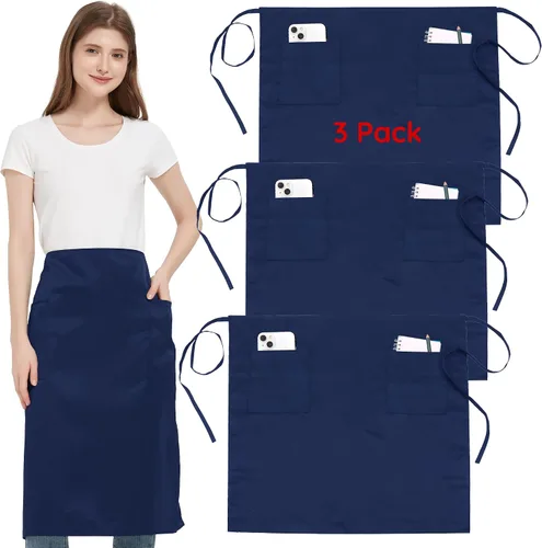 Miniatura 13 de Paquete de 3 delantales de cintura con 3 bolsillos, delantales de camarero unisex negros, delantales resistentes al agua para restaurante, chef y bar