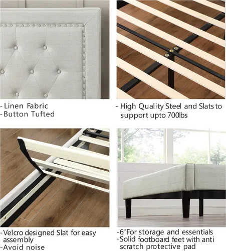 Miniatura 6 de Base de cama de plataforma tapizada tamaño matrimonial con cabecero ajustable de 48 pulgadas de alto, cama de terciopelo de lino con botones