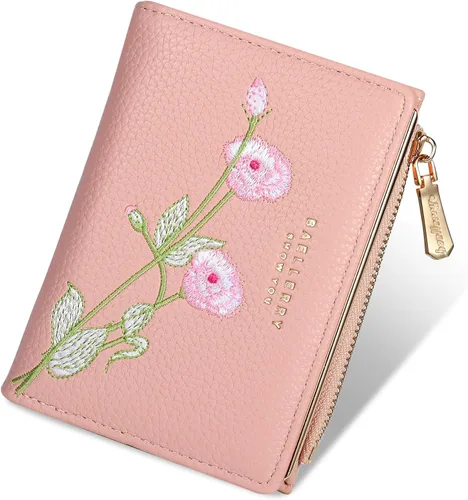 Miniatura 9 de Billetera pequeña para mujer, doble bordado, con flores, bloqueo RFID, piel sintética, con bolsillo con cremallera para mujeres y niñas (negro)