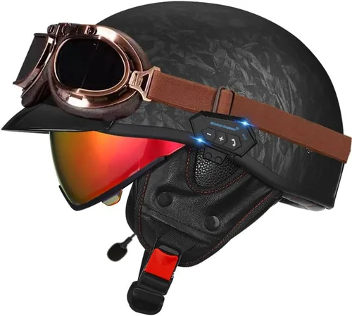 Miniatura 22 de Casco de cara abierta con Bluetooth para hombres y mujeres, casco retro de estilo alemán con diseño de calavera, visera con gafas, casco de media