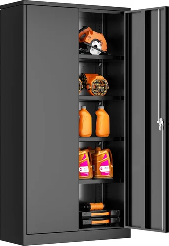 INTERGREAT Gabinete de almacenamiento con puertas y estantes, gabinetes de almacenamiento de garaje de metal con cerradura, gabinete de suministro