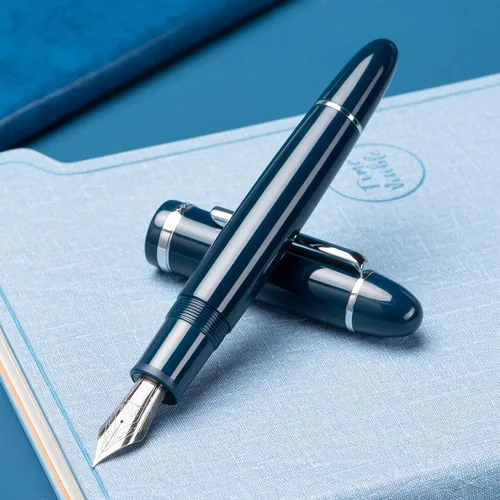 Miniatura 5 de Jinhao X159 Pluma estilográfica azul oscuro acrílica, tamaño 8 con punta fina, borde plateado, diseño clásico, pluma de escritura suave con Azul