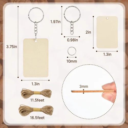 Miniatura 6 de Juego de 50 llaveros de madera rectangulares en blanco, rebanadas de madera sin terminar con 50 llaveros, con cuerda de yute y llavero de madera