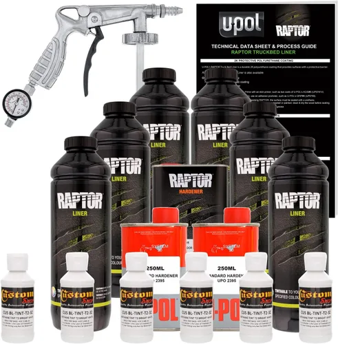 U-POL Raptor - Kit de revestimiento en aerosol de uretano blanco brillante para caja de camioneta con pistola rociadora gratis, 6 litros