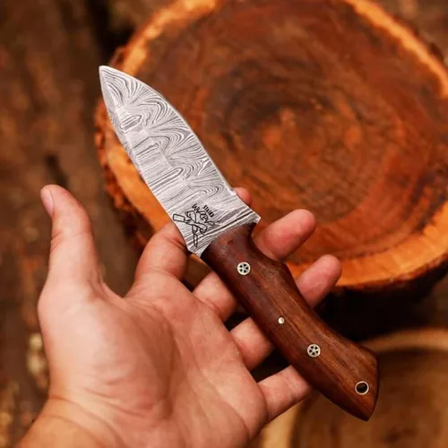 Miniatura 3 de Cuchillo de caza de acero de Damasco de hoja fija con funda de piel, cuchillo de caza de 9 pulgadas con mango entero para despellejar, mango