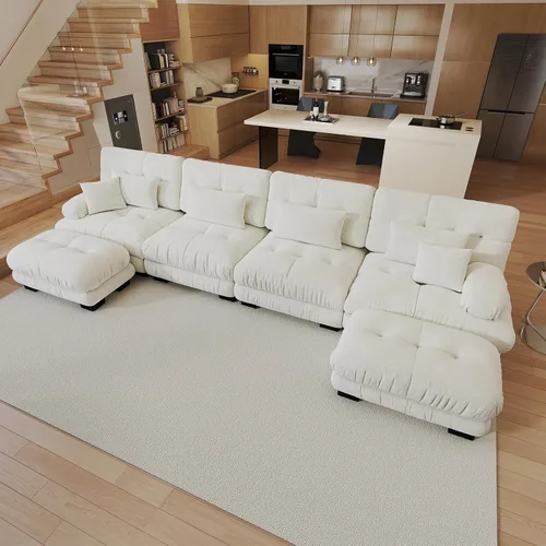 Miniatura 64 de Sofá modular de gran tamaño de 94 pulgadas, sofás seccionales grandes de color beige y blanco para sala de estar, juego de sofá de terciopelo, sofás