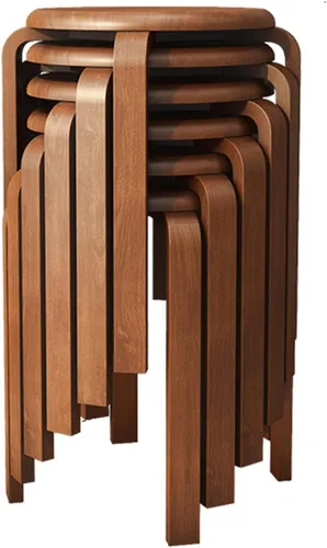 Miniatura 7 de Juego de 6 taburetes apilables de madera curvada, modernos taburetes de bar curvos con almohadillas anslizantes, redondos de madera para cocina