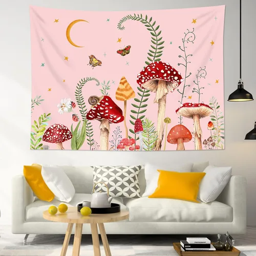 Miniatura 8 de LB Tapiz de hongos para colgar en la pared, luna y estrella en beige, tapiz de pared para dormitorio, estética de planta verde, arte de pared
