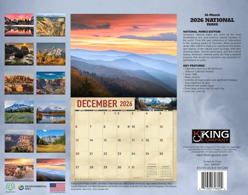 Miniatura 2 de The KING Company-Monster Calendars - Calendario de pared de parques nacionales 2026, 16 meses, tamaño XL, 14 x 22 pulgadas, calendario escénico