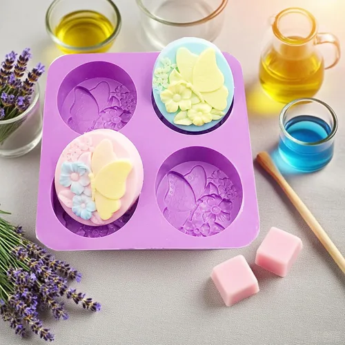 Miniatura 7 de EchoDone Molde ovalado de silicona para jabón de 4 cavidades, diseño de flores de mariposa ovaladas, moldes de silicona hechos a mano para jabón