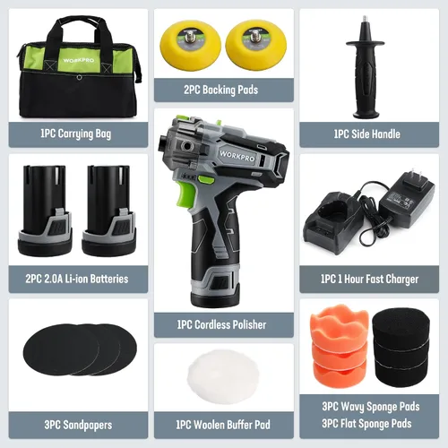 Miniatura 3 de WORKPRO Pulidora Inalámbrica de 12V, Kit de Máquina Pulidora y Lijadora Mini para Detalles de Auto de 3", con 2 Baterías de Iones de Litio, Gatillo
