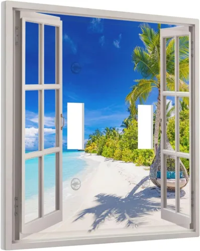 Miniatura 72 de Vista de ventana, isla tropical, playa, palmeras, cielo soleado, cubierta de interruptor de luz de palanca individual, placa decorativa de pared
