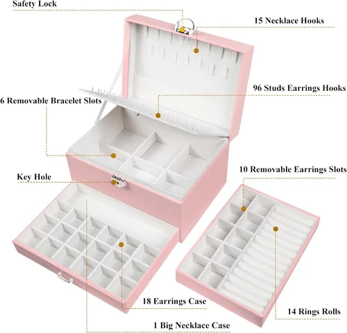 Miniatura 6 de QBestry Soporte para aretes para niñas, joyero para mujeres y niñas, organizador de aretes, caja organizadora de joyas con cerradura, caja