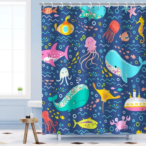 Miniatura 8 de RosieLily Cortina de ducha infantil para baño, cortina de ducha de animales marinos y océanos con delfín, juego de cortinas de ducha con 12 ganchos