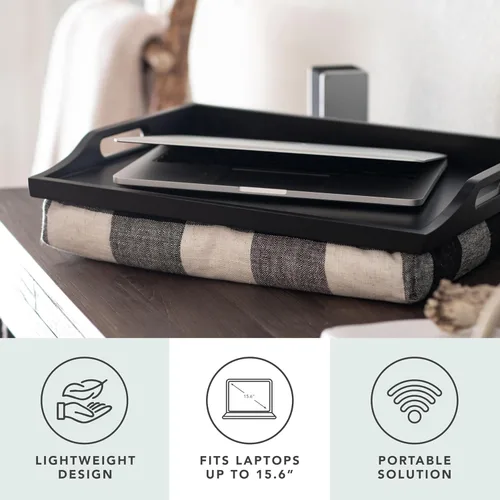 Miniatura 2 de ROSSIE HOME Bandeja de cama de madera de bambú, escritorio de regazo, juego de dos, con cesta de almacenamiento de jacinto, natural, para portátiles