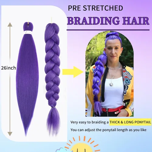 Miniatura 6 de Cabello trenzado morado para trenzas, cabello sintético preestirado de 26 pulgadas para trenzas, extensiones de cabello trenzado Ez morado