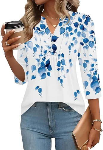 Miniatura 18 de IECCP Blusas de verano de manga 3/4 para mujer, estilo casual, cuello Henley, cuello en V, plisadas, ajuste holgado, blusas de trabajo